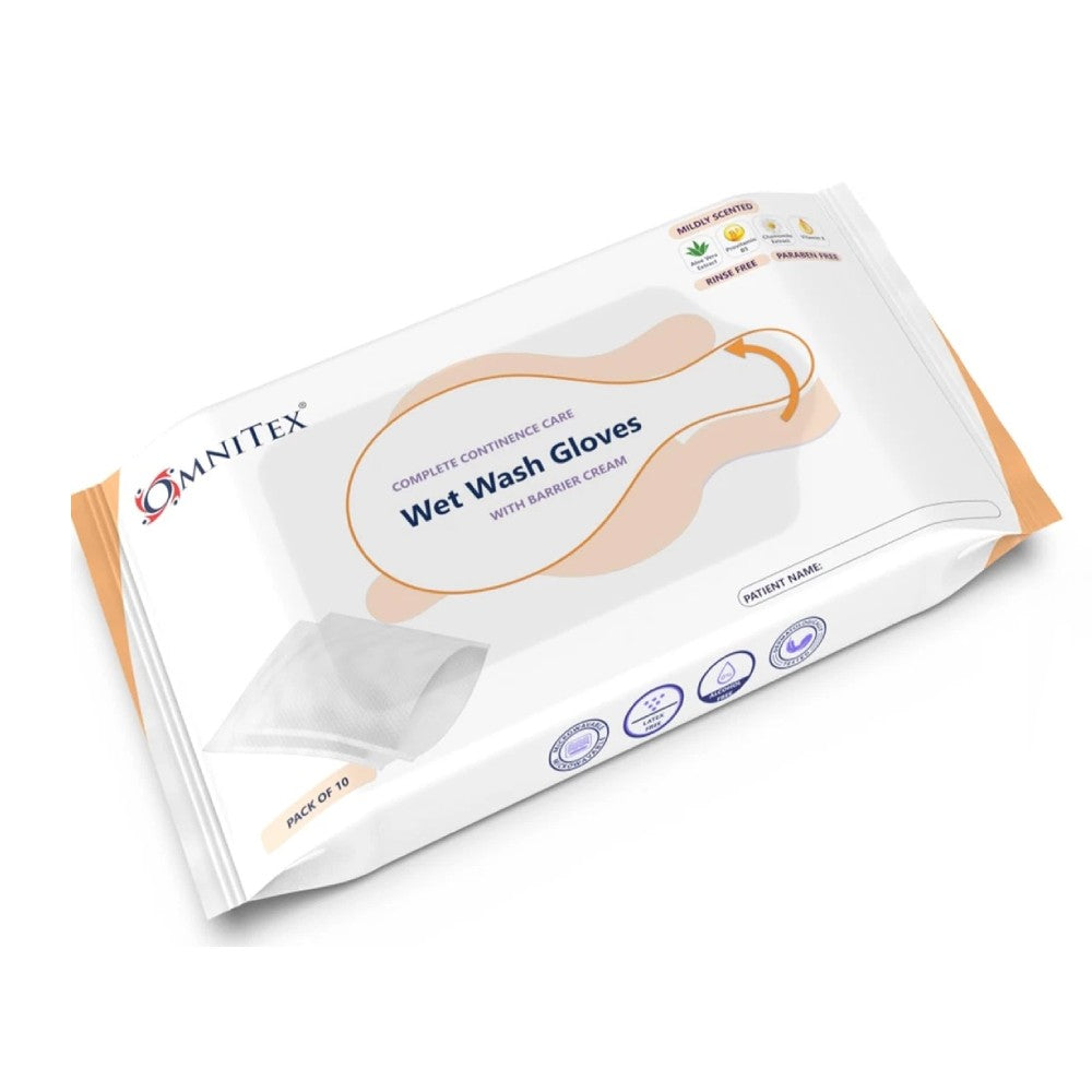 Omnitex Bed Bath Wet Wash -käsineet suojavoideella 10 kappaleen pakkaus