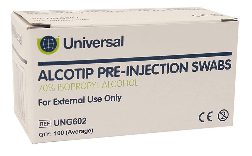 Universaalit Alcotip Pre Injection -pyyhkeet, 70 % alkoholipitoiset pyyhkeet
