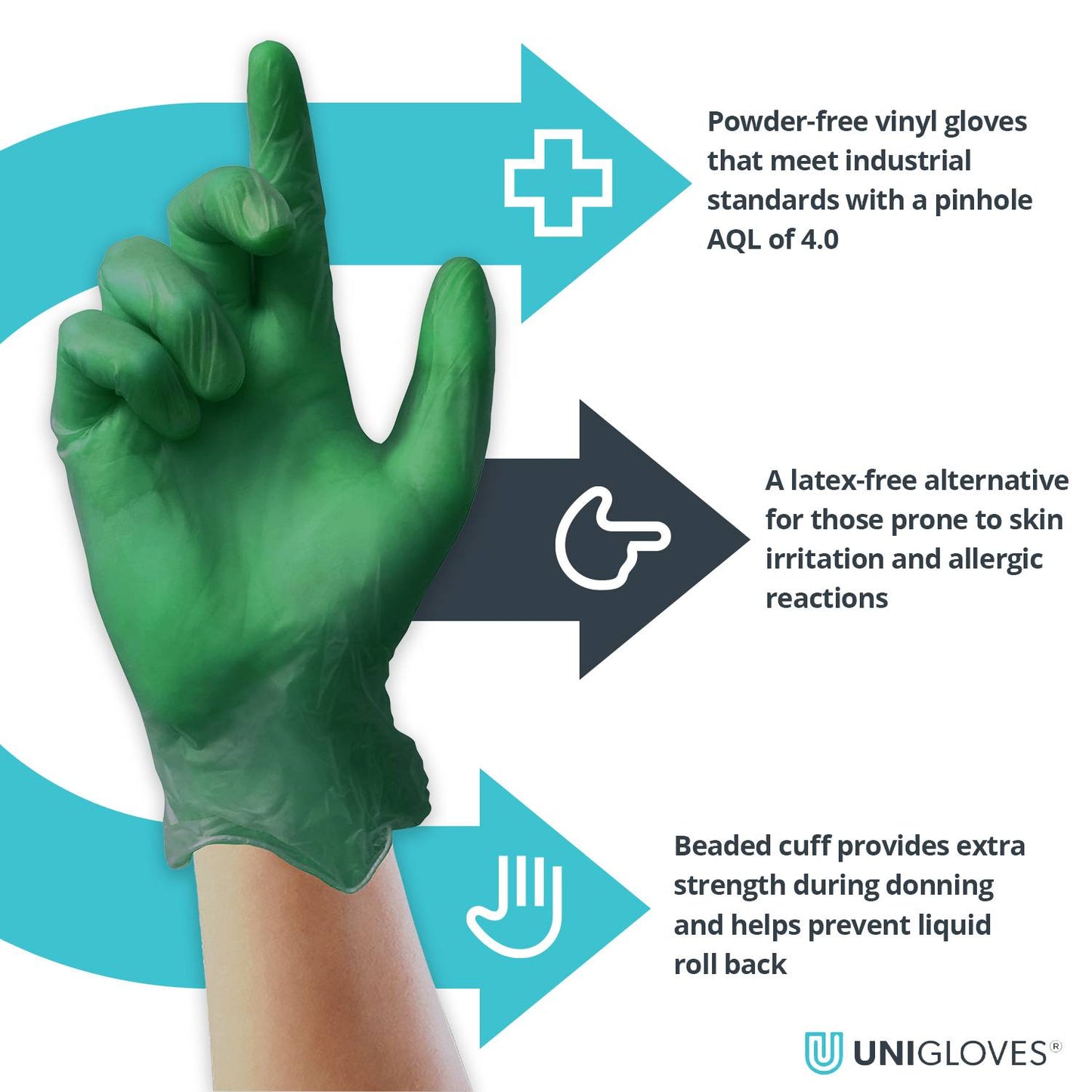 Unicare Green Vinyl Examination Gloves Box 100 kappaletta