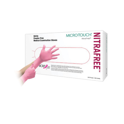 Vaaleanpunaiset Ansell Micro-Touch NitraFree -nitriilitutkimuskäsineet, 100 kappaleen laatikko