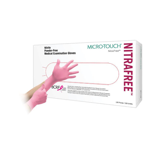 Vaaleanpunaiset Ansell Micro-Touch NitraFree -nitriilitutkimuskäsineet, 100 kappaleen laatikko
