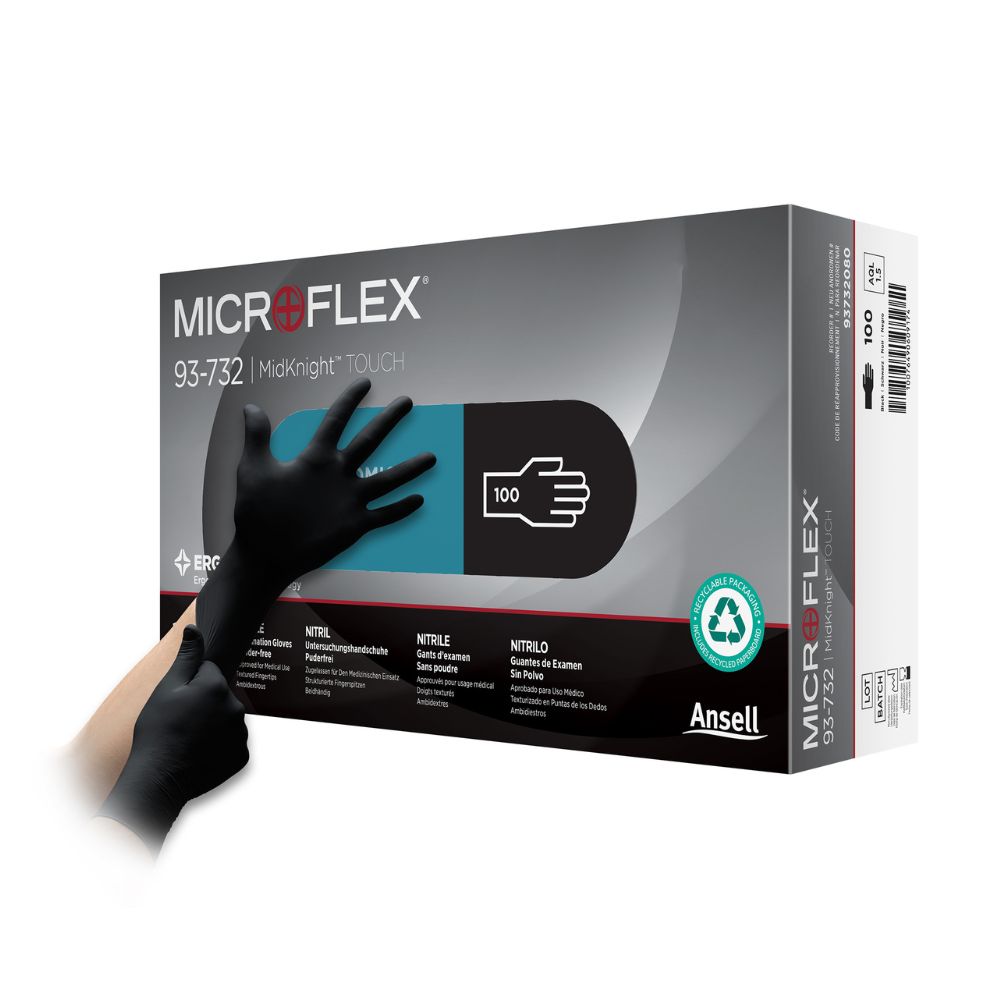 Mustat Ansell Microflex MidKnight Touch -nitriilikertakäyttökäsineet, laatikko 100 kpl