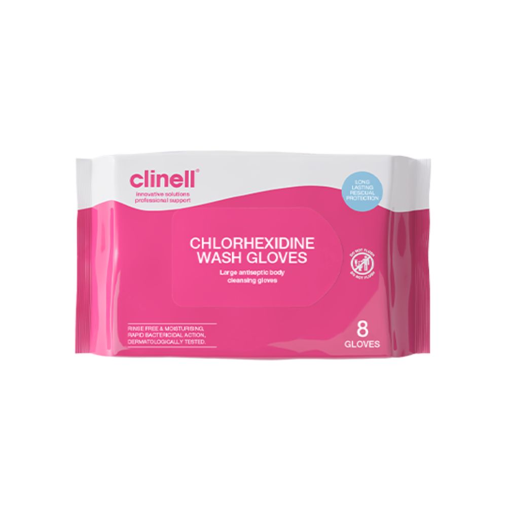 Clinell Chlorhexidine Wash Gloves -hansikkaat, 8 kpl hanskoja