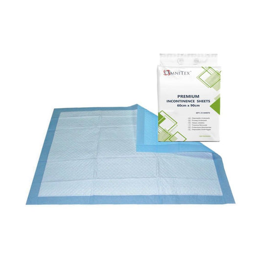 Omnitex 60cm x 90cm Premium kertakäyttöiset inkontinenssilakanat 25 kappaleen pakkaus
