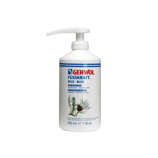 Gehwol Fusskraft Blue Cream 500ml pump bottle with rosemary, mountain pine and lavender for dry rough skin