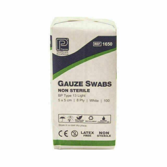 Premier Gauze Swabs: 5 cm x 5 cm 8 Ply x 100