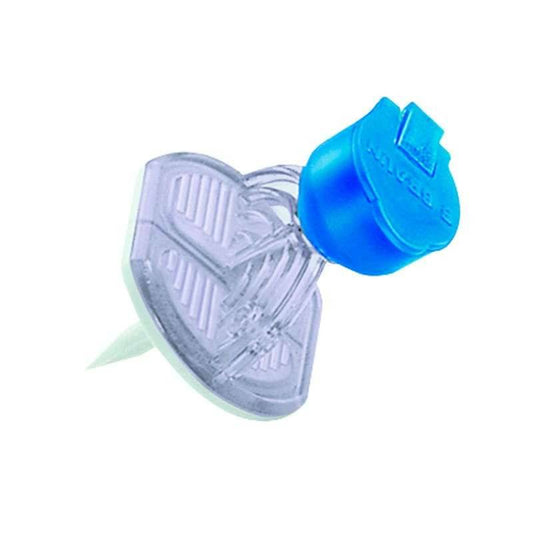 A Mini Spike Filter dispensing pin with a blue snapping lid and a protective cap, designed for medical use.
