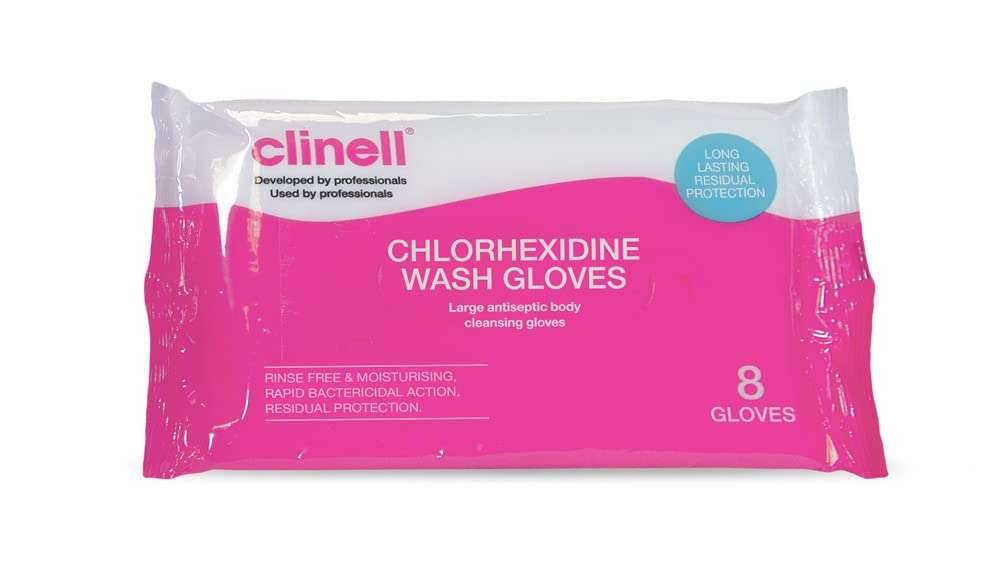 Clinell Chlorhexidine Wash Gloves -hansikkaat, 8 kpl hanskoja