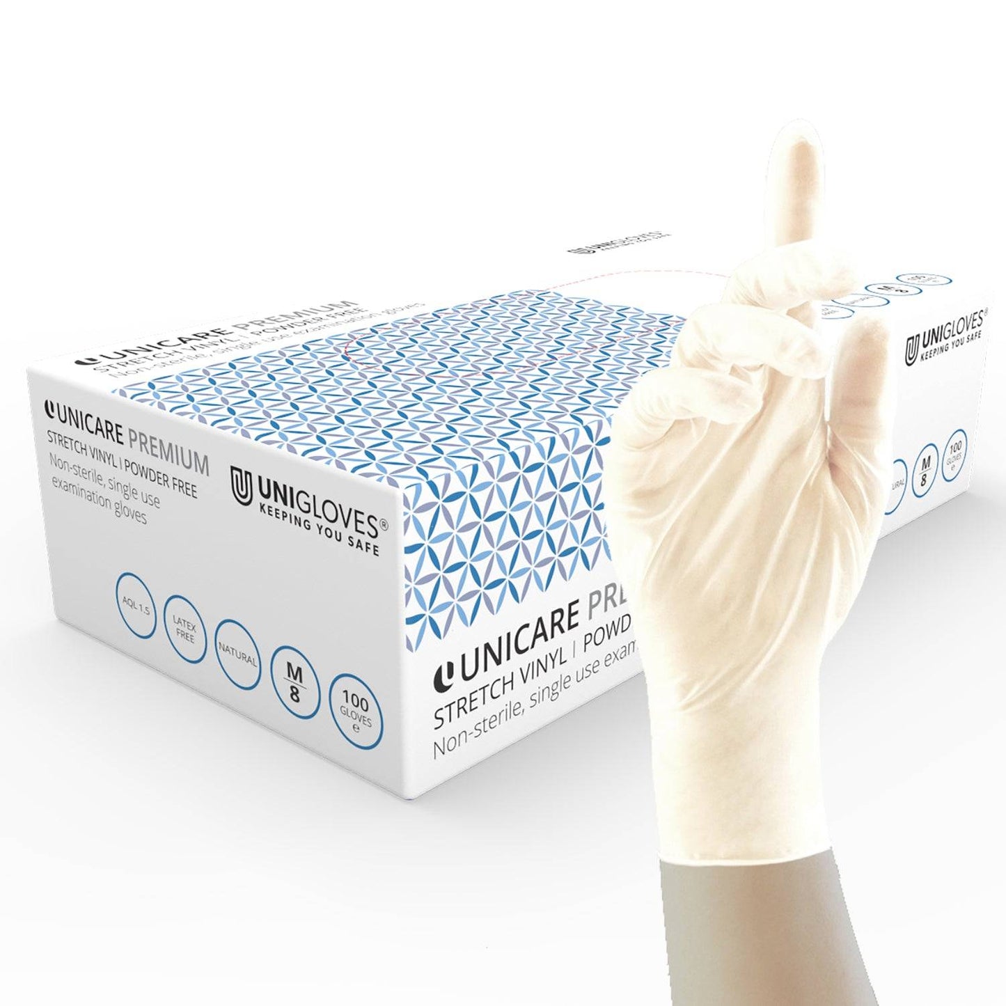 Unicare Premium Stretch Vinyl Examination White Gloves Box 100 kappaletta