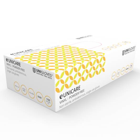 Unicare Keltaiset vinyylitutkintakäsineet Box 100 kpl