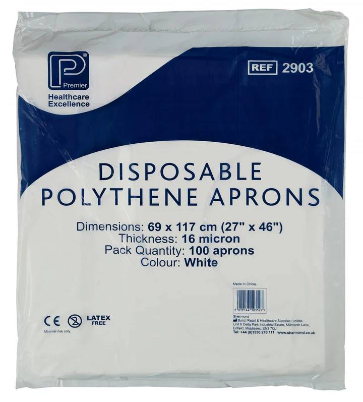 White Disposable Polythene Aprons 69cm x 117cm Pack of 100 Premier - UKMEDI