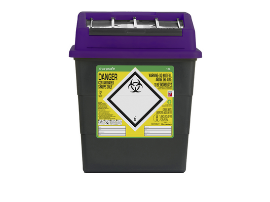 13 Litre Sharpsafe Grey Sharps Bin Purple Lid