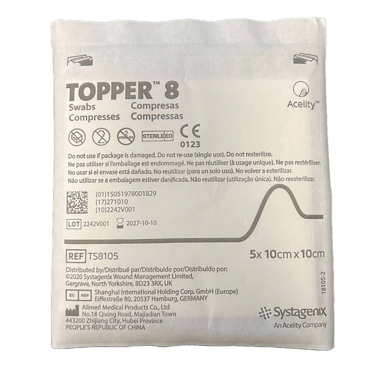 10 cm x 10 cm Topper 8 steriiliä sideharsopuikkoa, 5 kpl yksittäispakkaus