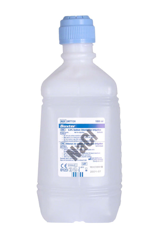 1 Litre NaCl 0.9% Sodium Chloride for Irrigation Baxter NaCl 0.9% Sodium Chloride (Saline) For Irrigation. One Litre (1000ml). - UKMEDI
